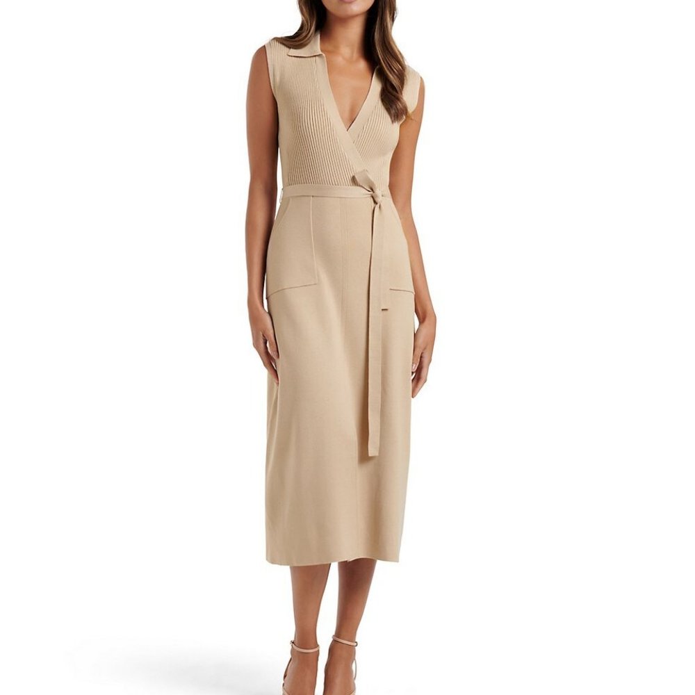 Ever New Lara Knit Dress In Latte Size 6 Collar Midi Belted V-neck Silky